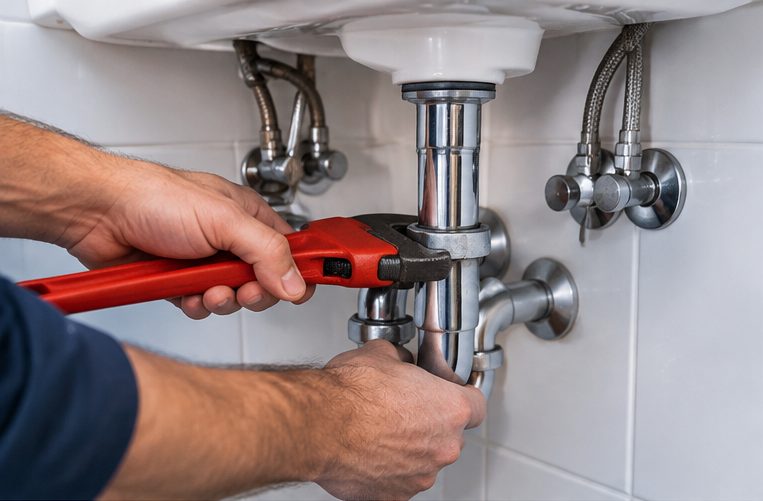 Plombier réparant le siphon d'un lavabo